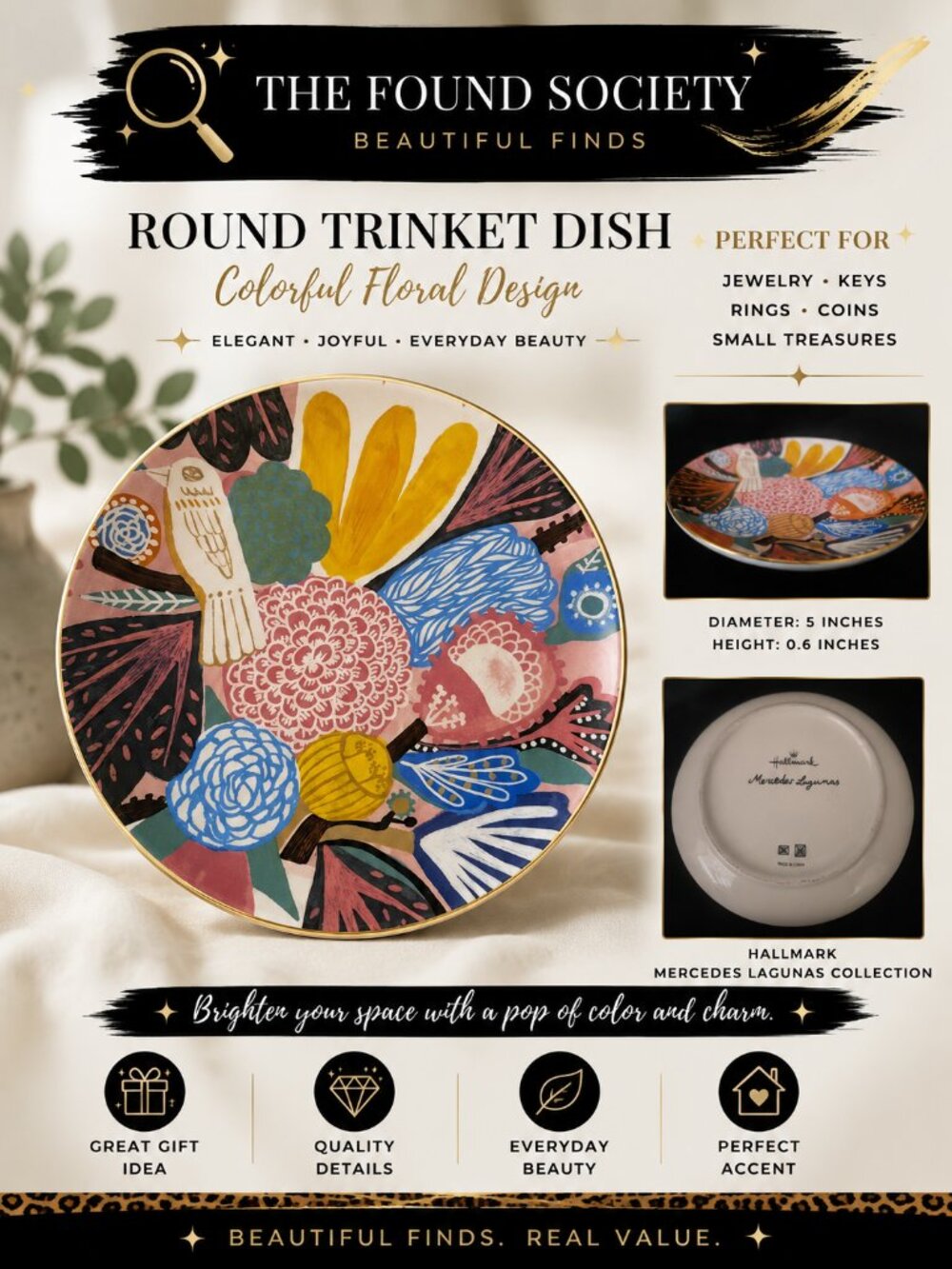 Hallmark Mercedes Lagunas Floral Trinket Dish | 6" Round Decorative Jewelry Catc